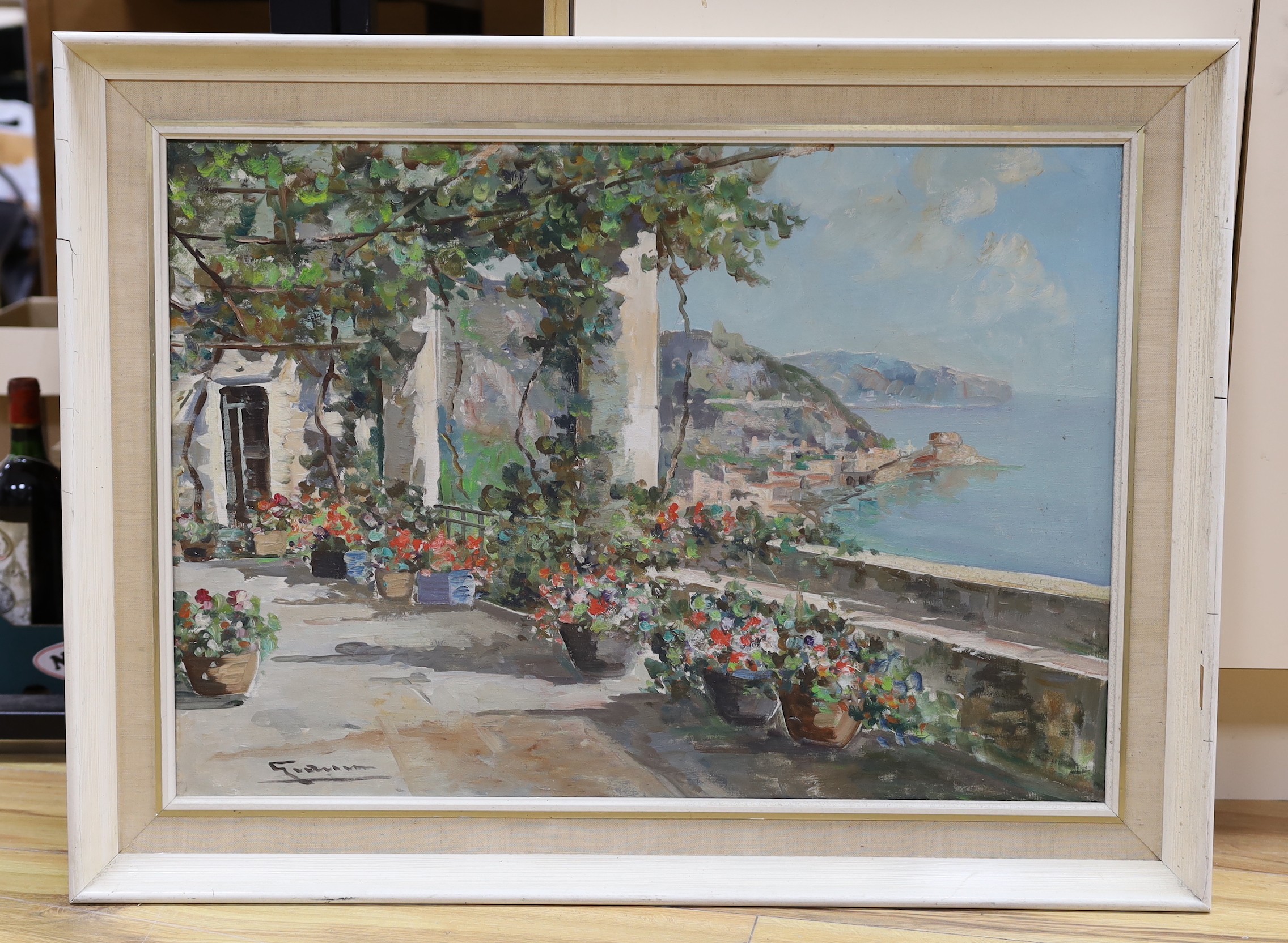 Gianni, oil on canvas, Terrace overlooking the Amalfi Coast, signed, 49 x 70cm